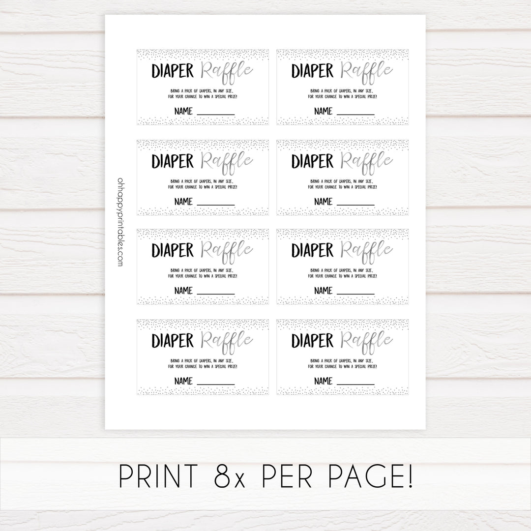 diaper raffle game, Printable baby shower games, baby silver glitter fun baby games, baby shower games, fun baby shower ideas, top baby shower ideas, silver glitter shower baby shower, friends baby shower ideas