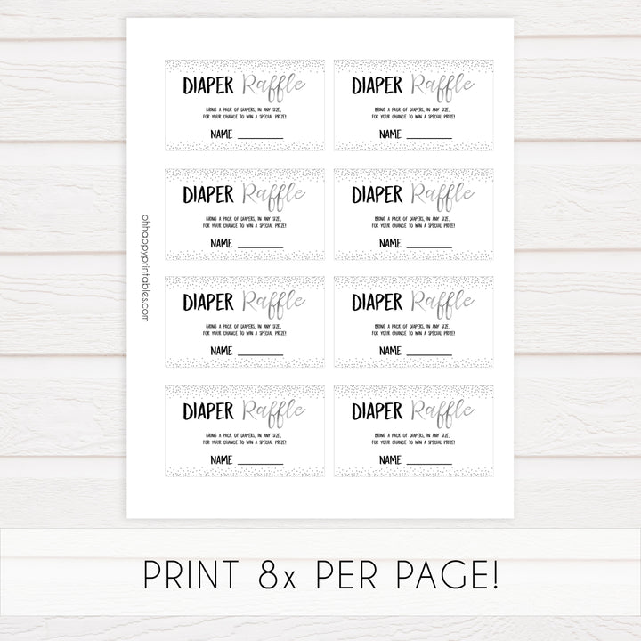 diaper raffle game, Printable baby shower games, baby silver glitter fun baby games, baby shower games, fun baby shower ideas, top baby shower ideas, silver glitter shower baby shower, friends baby shower ideas