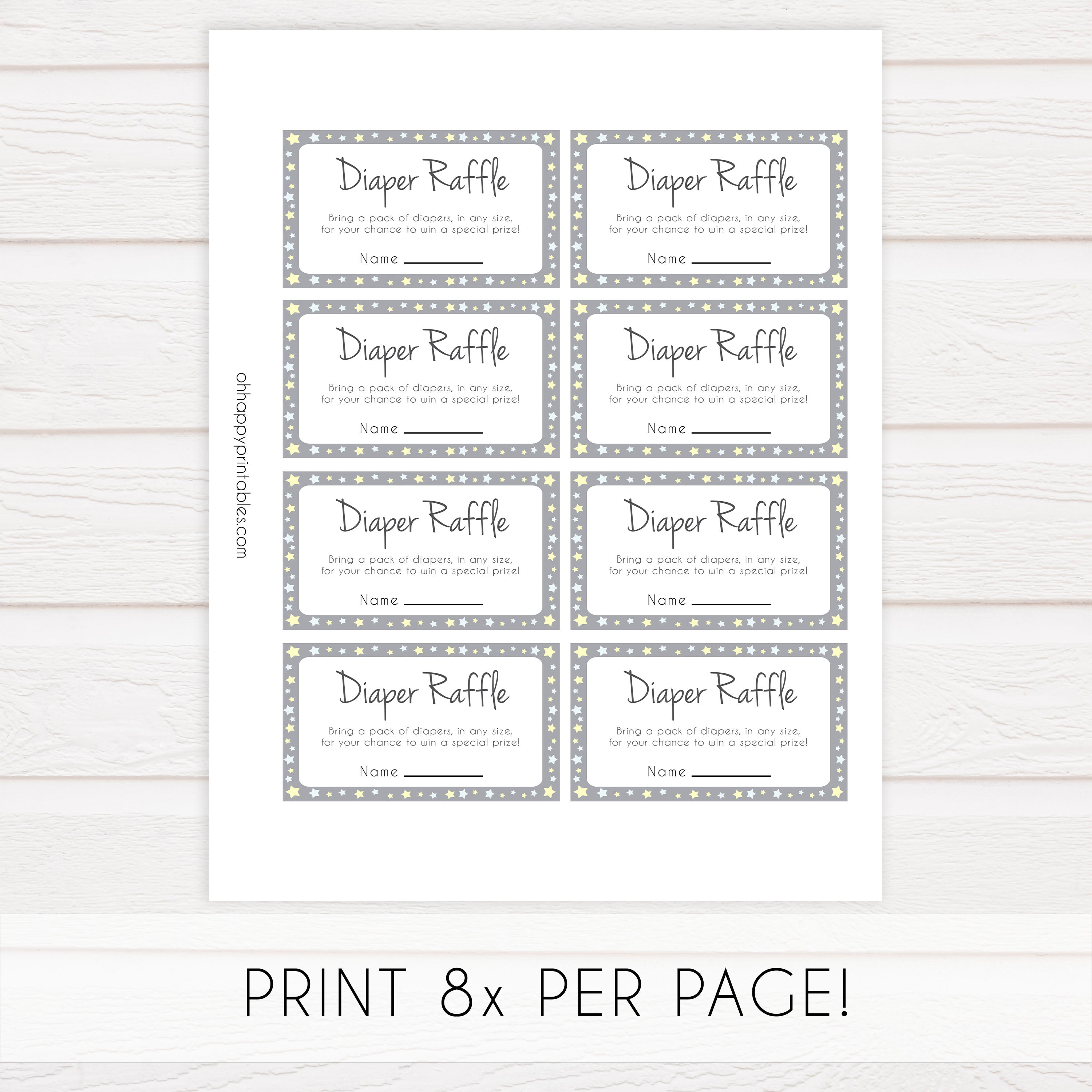grey & yellow stars, diaper raffle, printable baby shower games, fun baby games, top baby shower games, star baby games, little star baby shower