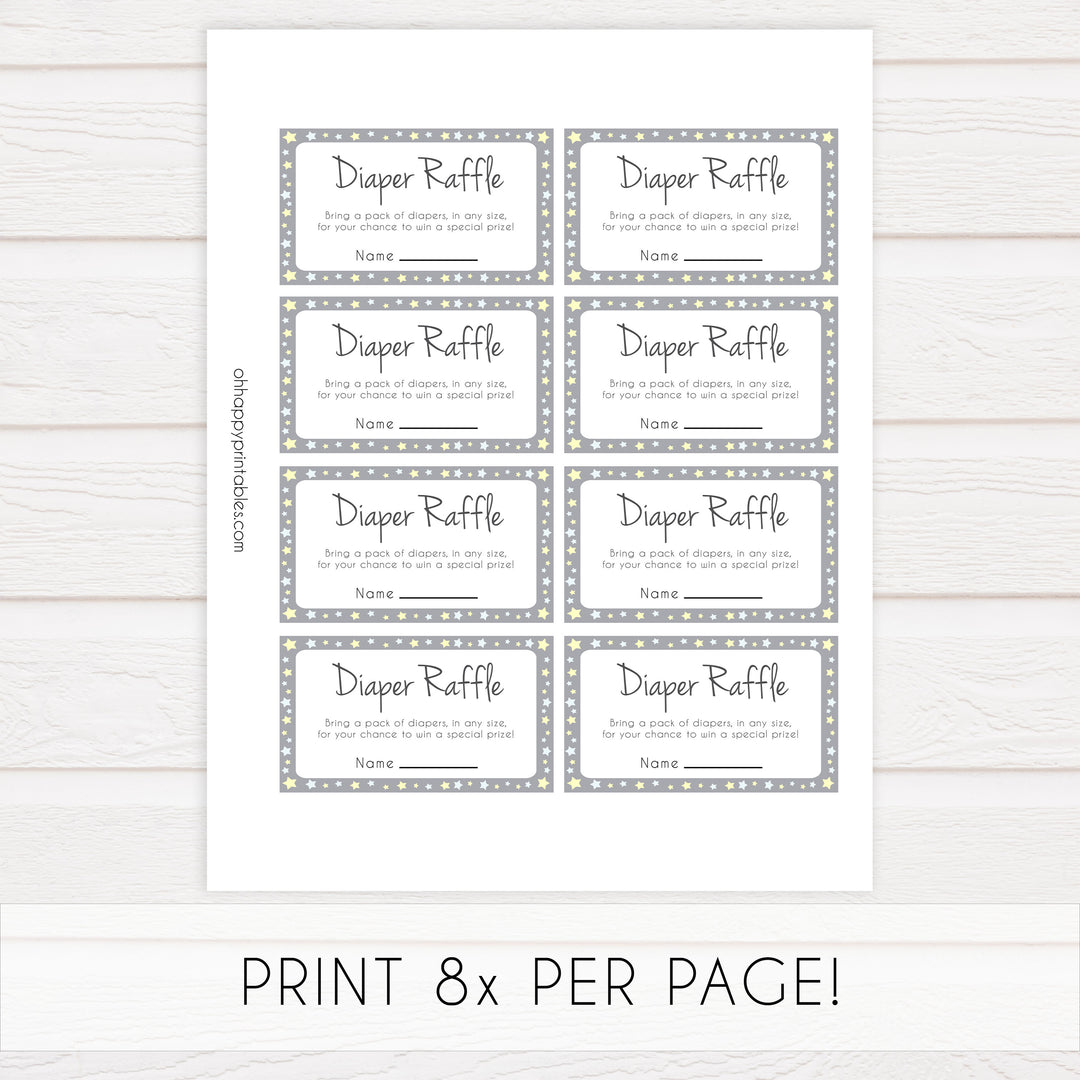 grey & yellow stars, diaper raffle, printable baby shower games, fun baby games, top baby shower games, star baby games, little star baby shower