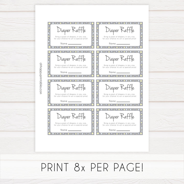 grey & yellow stars, diaper raffle, printable baby shower games, fun baby games, top baby shower games, star baby games, little star baby shower