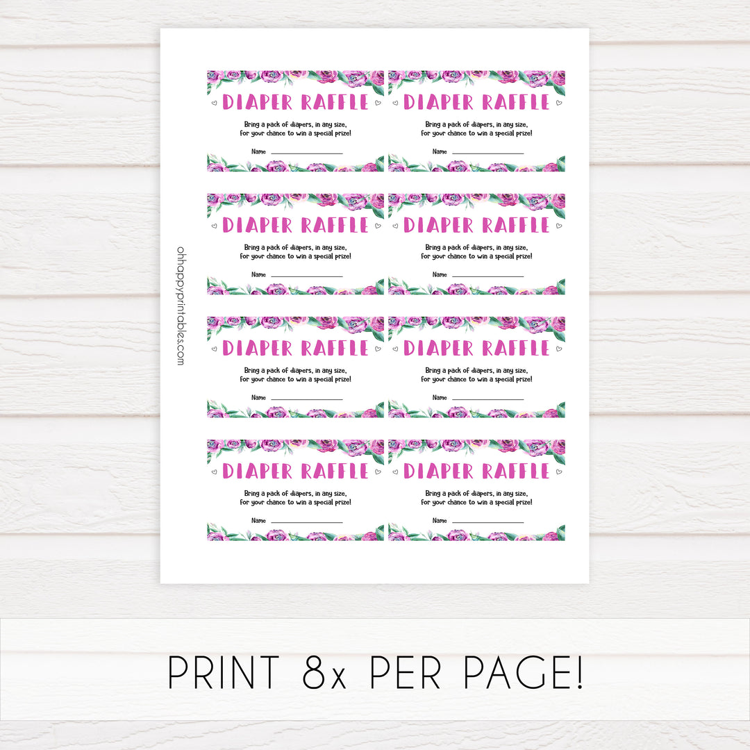 diaper raffle baby shower game, printable baby shower games, purple peonies baby games, fun baby shower games