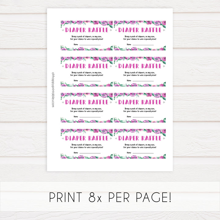 diaper raffle baby shower game, printable baby shower games, purple peonies baby games, fun baby shower games
