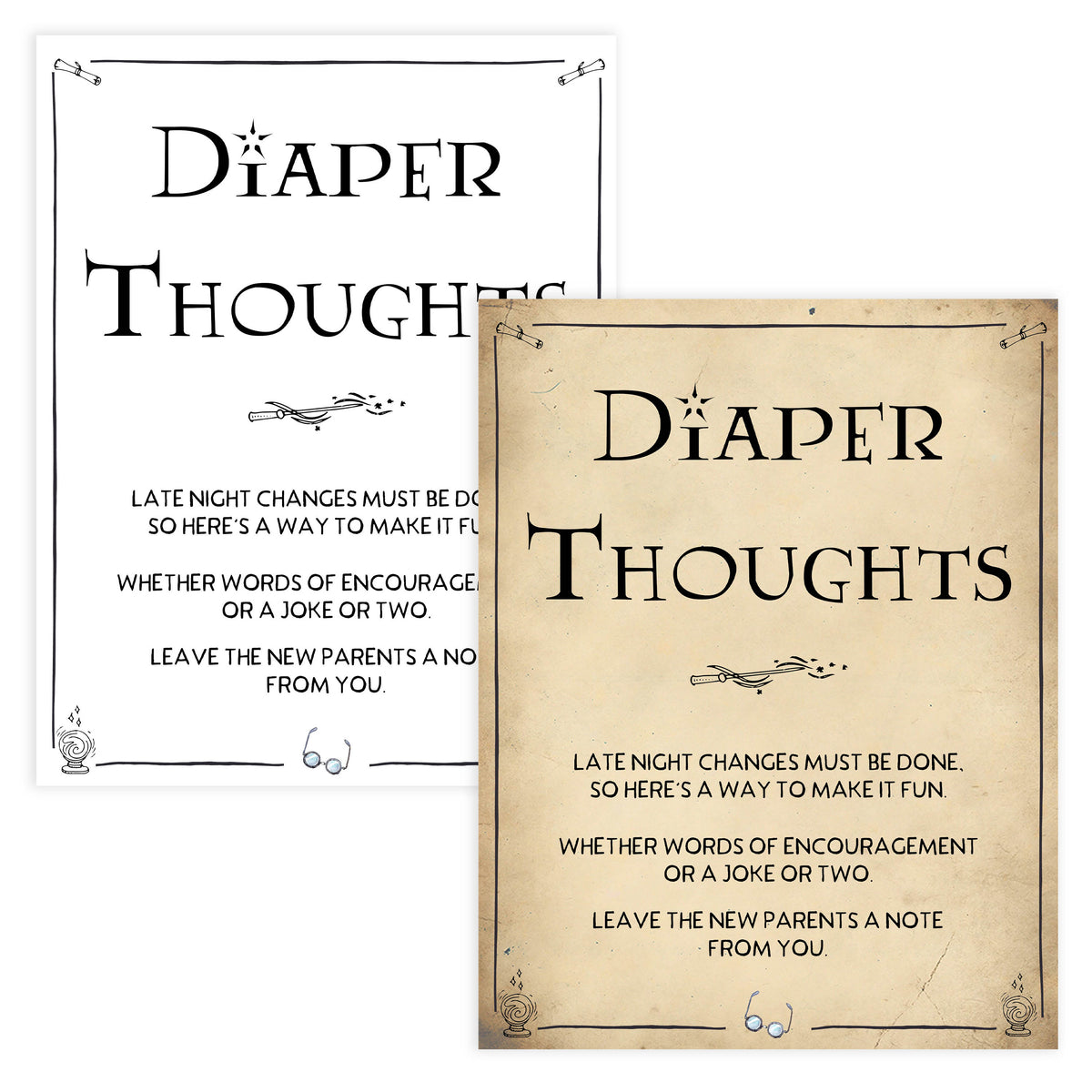 Diaper Thoughts, Late Night Diapers Sign, Wizard baby shower games, printable baby shower games, Harry Potter baby games, Harry Potter baby shower, fun baby shower games,  fun baby ideas
