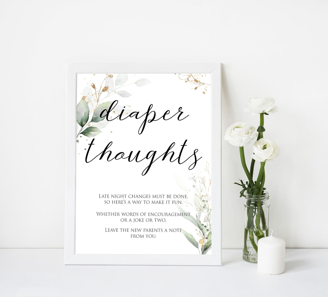 Gold green leaf baby games, diaper thoughts, late night diapers, printable baby games, fun baby games, top baby games to play, gold leaf baby shower, greenery baby shower ideas