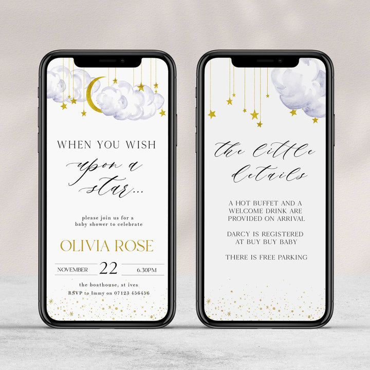 Fully editable and printable baby shower mobile invitation game with a little star design. Perfect for a Twinkle Little Star baby shower themed party