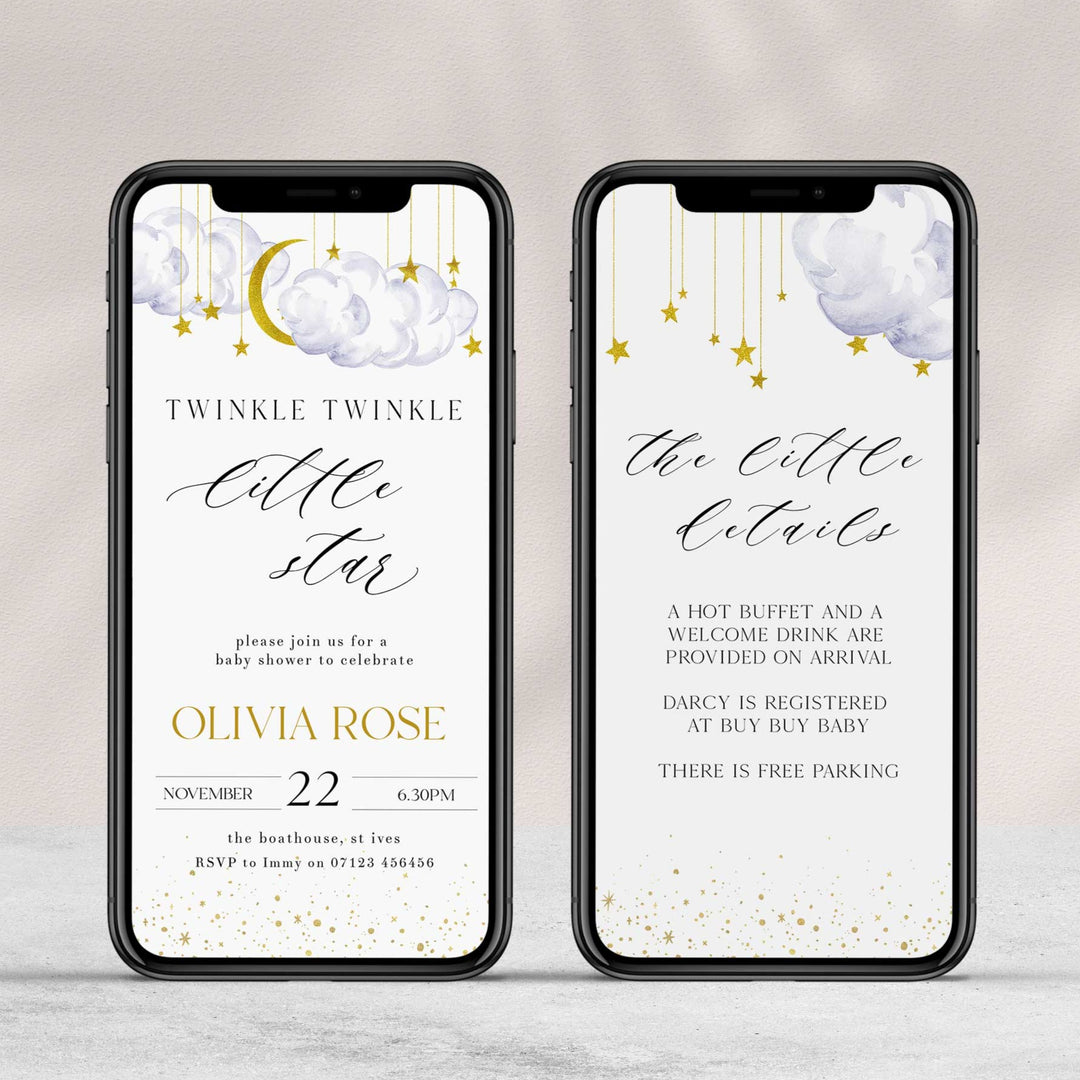 Fully editable and printable baby shower mobile invitation game with a little star design. Perfect for a Twinkle Little Star baby shower themed party