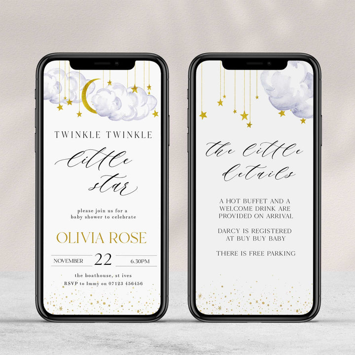 Fully editable and printable baby shower mobile invitation game with a little star design. Perfect for a Twinkle Little Star baby shower themed party
