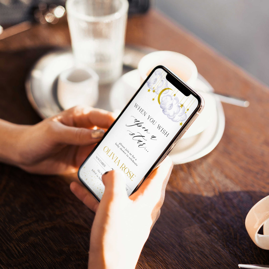 Fully editable and printable baby shower mobile invitation game with a little star design. Perfect for a Twinkle Little Star baby shower themed party