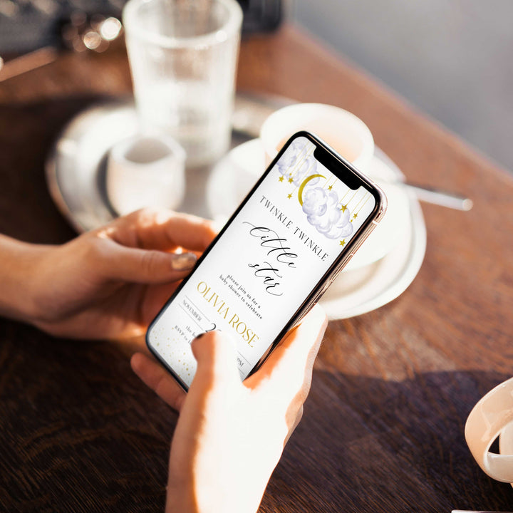 Fully editable and printable baby shower mobile invitation game with a little star design. Perfect for a Twinkle Little Star baby shower themed party