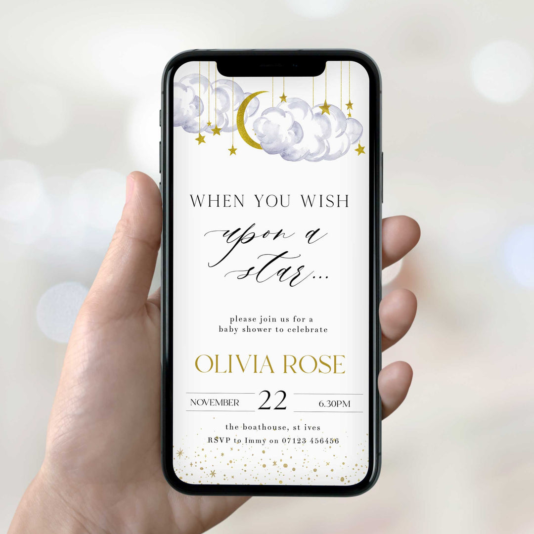 Fully editable and printable baby shower mobile invitation game with a little star design. Perfect for a Twinkle Little Star baby shower themed party