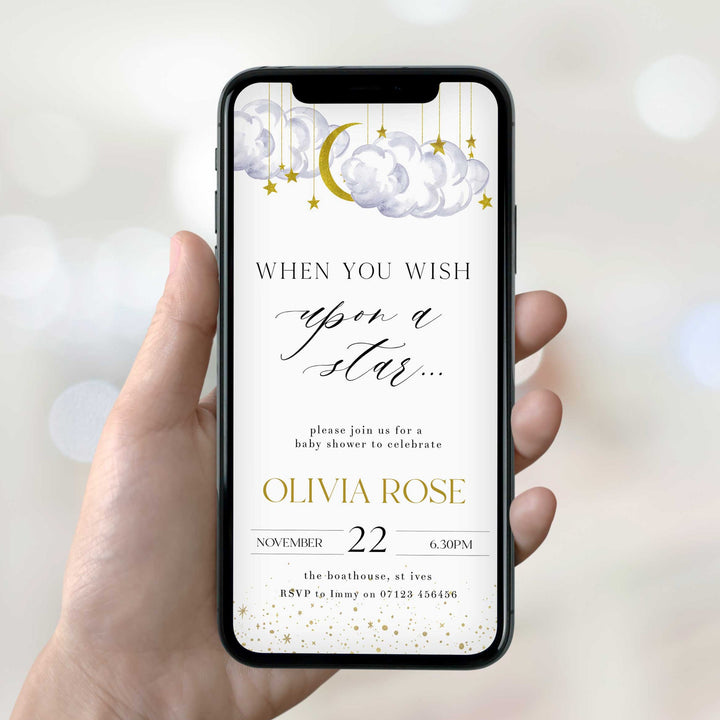 Fully editable and printable baby shower mobile invitation game with a little star design. Perfect for a Twinkle Little Star baby shower themed party