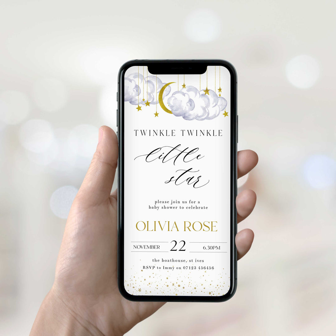 Fully editable and printable baby shower mobile invitation game with a little star design. Perfect for a Twinkle Little Star baby shower themed party