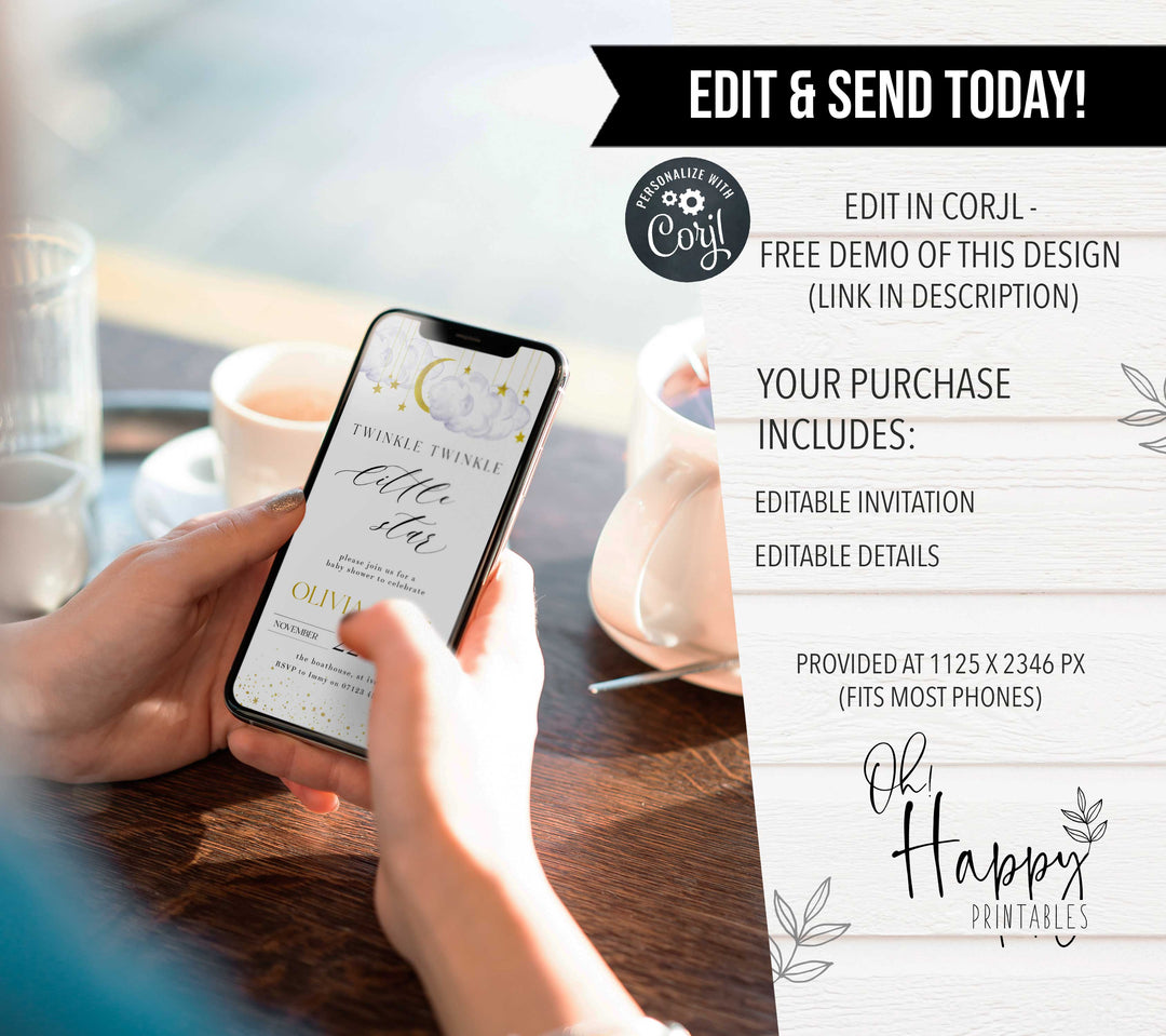 Fully editable and printable baby shower mobile invitation game with a little star design. Perfect for a Twinkle Little Star baby shower themed party
