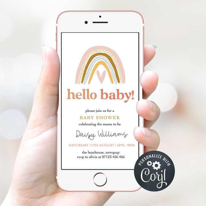 editable boho rainbow baby shower invitations, printable baby shower invitations, boho rainbow baby shower theme, baby shower invites