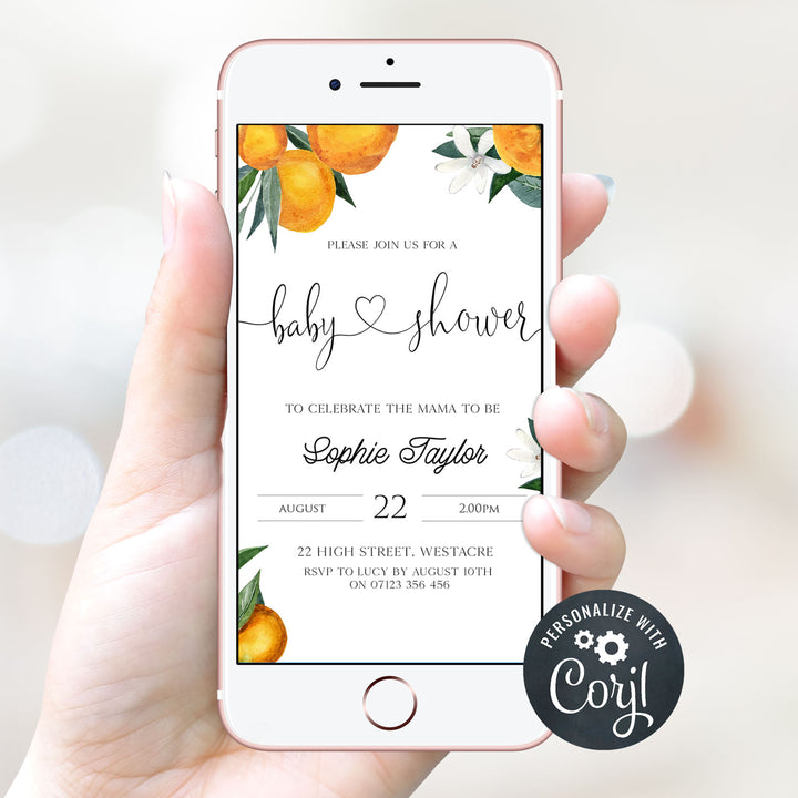 editable baby shower invitations, printable baby shower invitations, citrus orange baby shower theme, citrus baby shower, baby shower invites