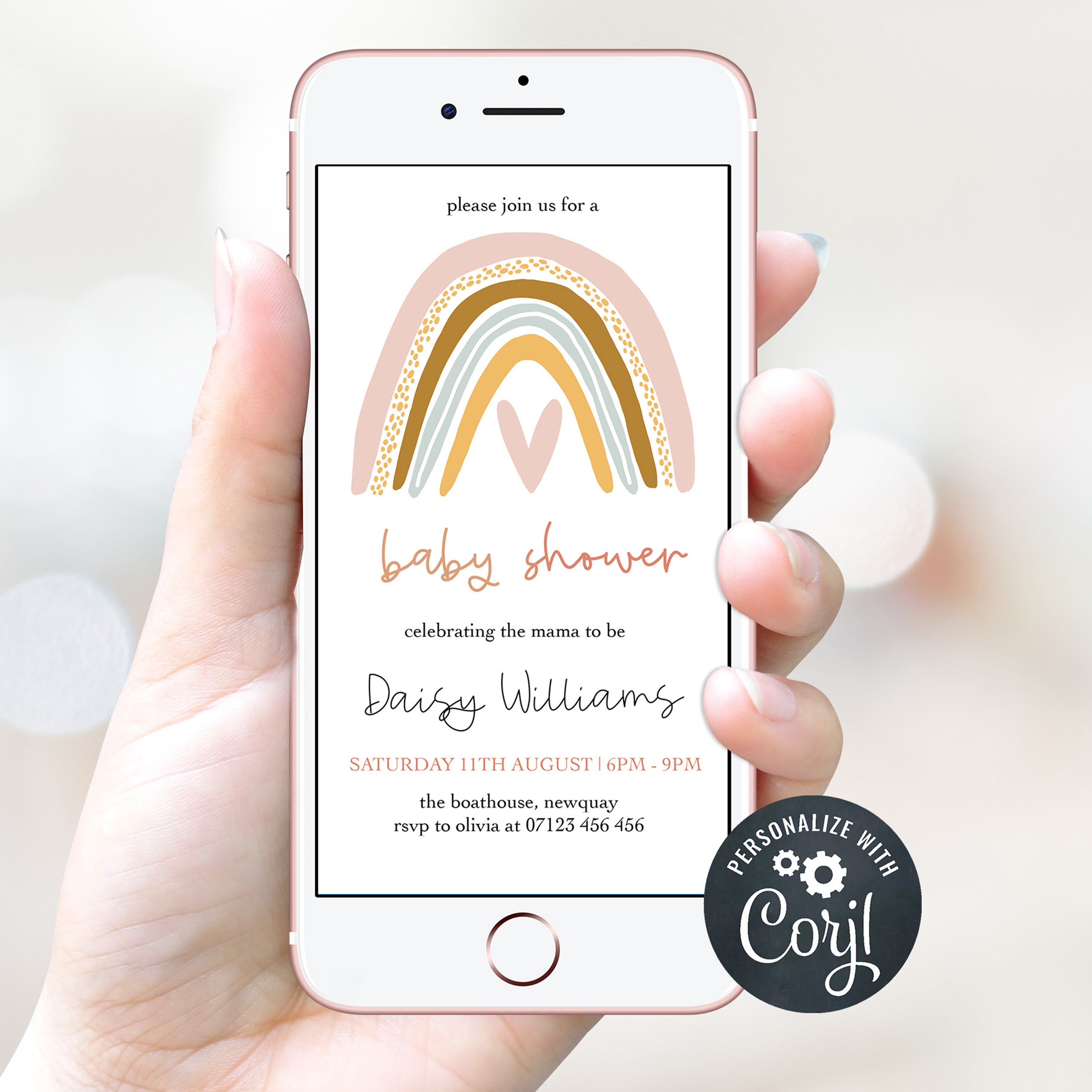 editable boho rainbow baby shower invitations, printable baby shower invitations, boho rainbow baby shower theme, baby shower invites