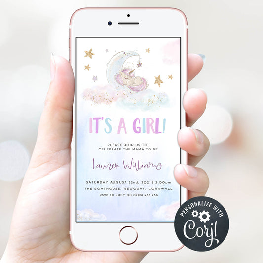 editable mobile unicorn baby shower invitation, unicorn baby shower invitations, its a girl baby shower invitation