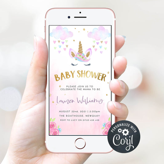 editable unicorn baby shower mobile invitation, editable unicorn baby shower invite, mobile baby shower invitation, unicorn baby shower theme