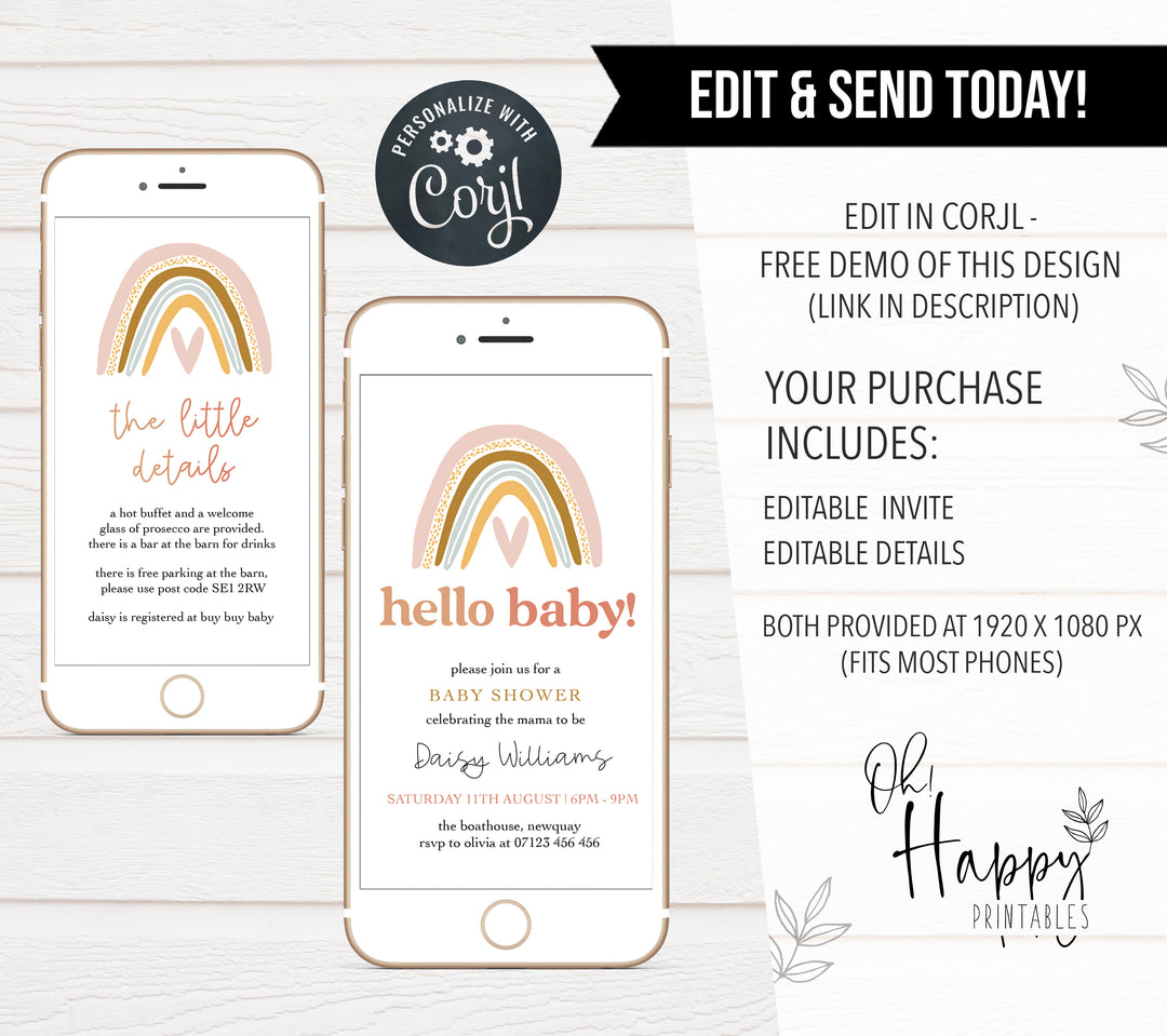 editable boho rainbow baby shower invitations, printable baby shower invitations, boho rainbow baby shower theme, baby shower invites