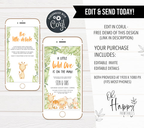editable mobile baby shower invitations, editable safari baby shower invitations, editable wild one baby shower invite, baby shower invites