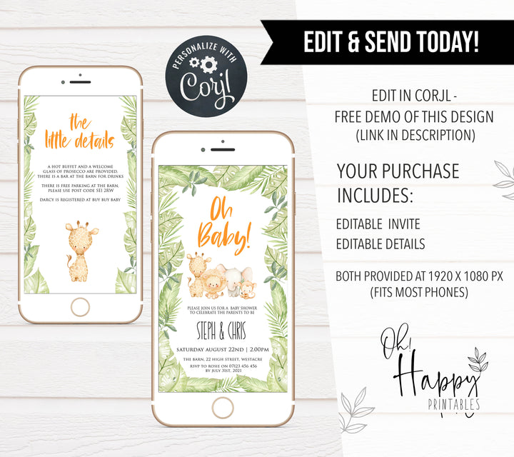 editable mobile baby shower invitations, editable safari baby shower invite, oh baby baby shower invitations, mobile safari baby invitation