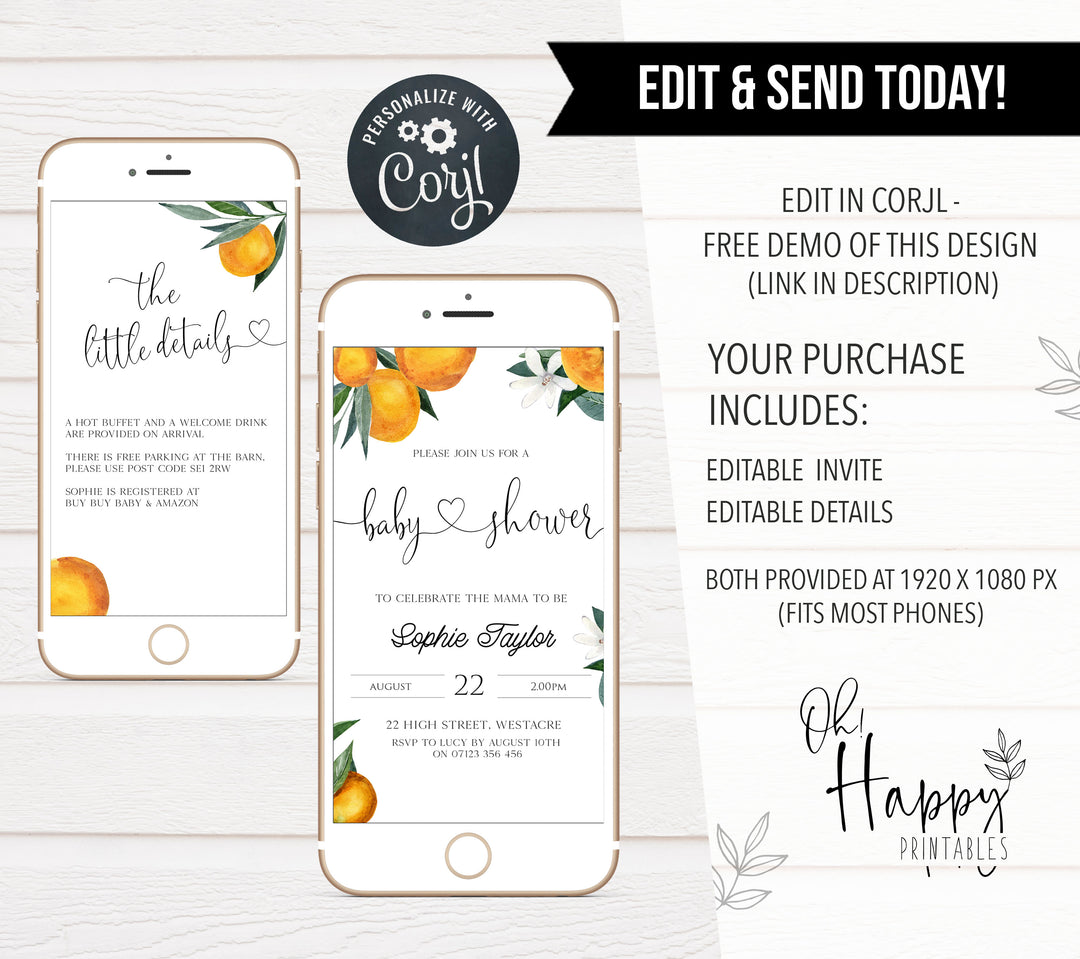 editable baby shower invitations, printable baby shower invitations, citrus orange baby shower theme, citrus baby shower, baby shower invites