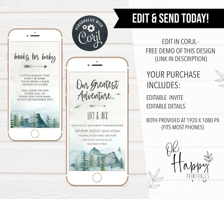 our greatest adventure mobile baby shower invite, editable baby shower invitations, adventure awaits baby shower invitation, baby invites, baby adventure theme