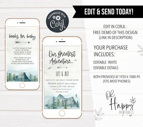 our greatest adventure mobile baby shower invite, editable baby shower invitations, adventure awaits baby shower invitation, baby invites, baby adventure theme