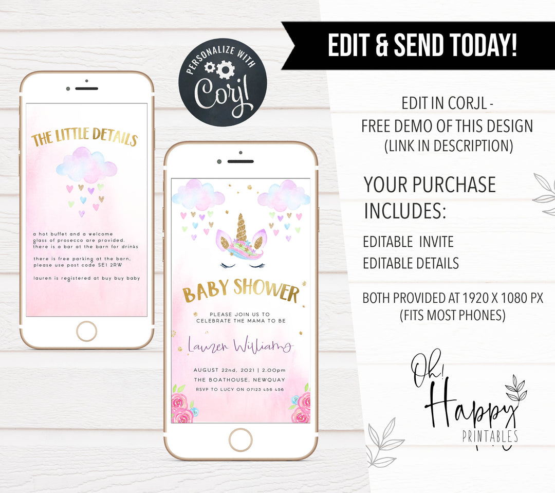 editable unicorn baby shower mobile invitation, editable unicorn baby shower invite, mobile baby shower invitation, unicorn baby shower theme