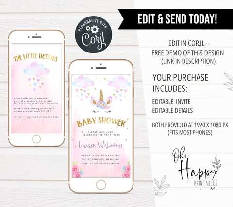 editable unicorn baby shower mobile invitation, editable unicorn baby shower invite, mobile baby shower invitation, unicorn baby shower theme
