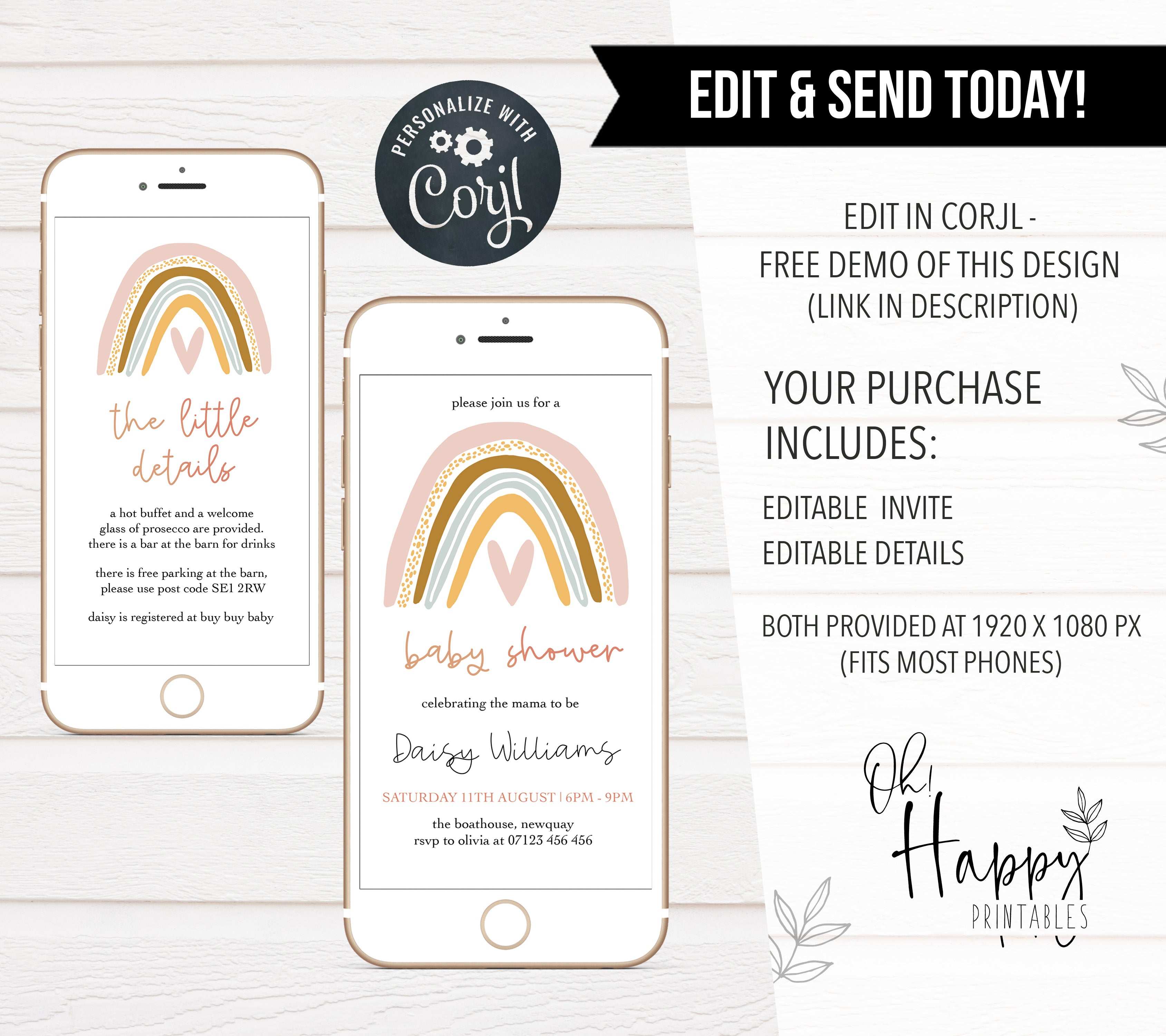 editable boho rainbow baby shower invitations, printable baby shower invitations, boho rainbow baby shower theme, baby shower invites