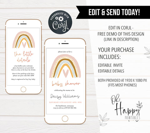 editable boho rainbow baby shower invitations, printable baby shower invitations, boho rainbow baby shower theme, baby shower invites