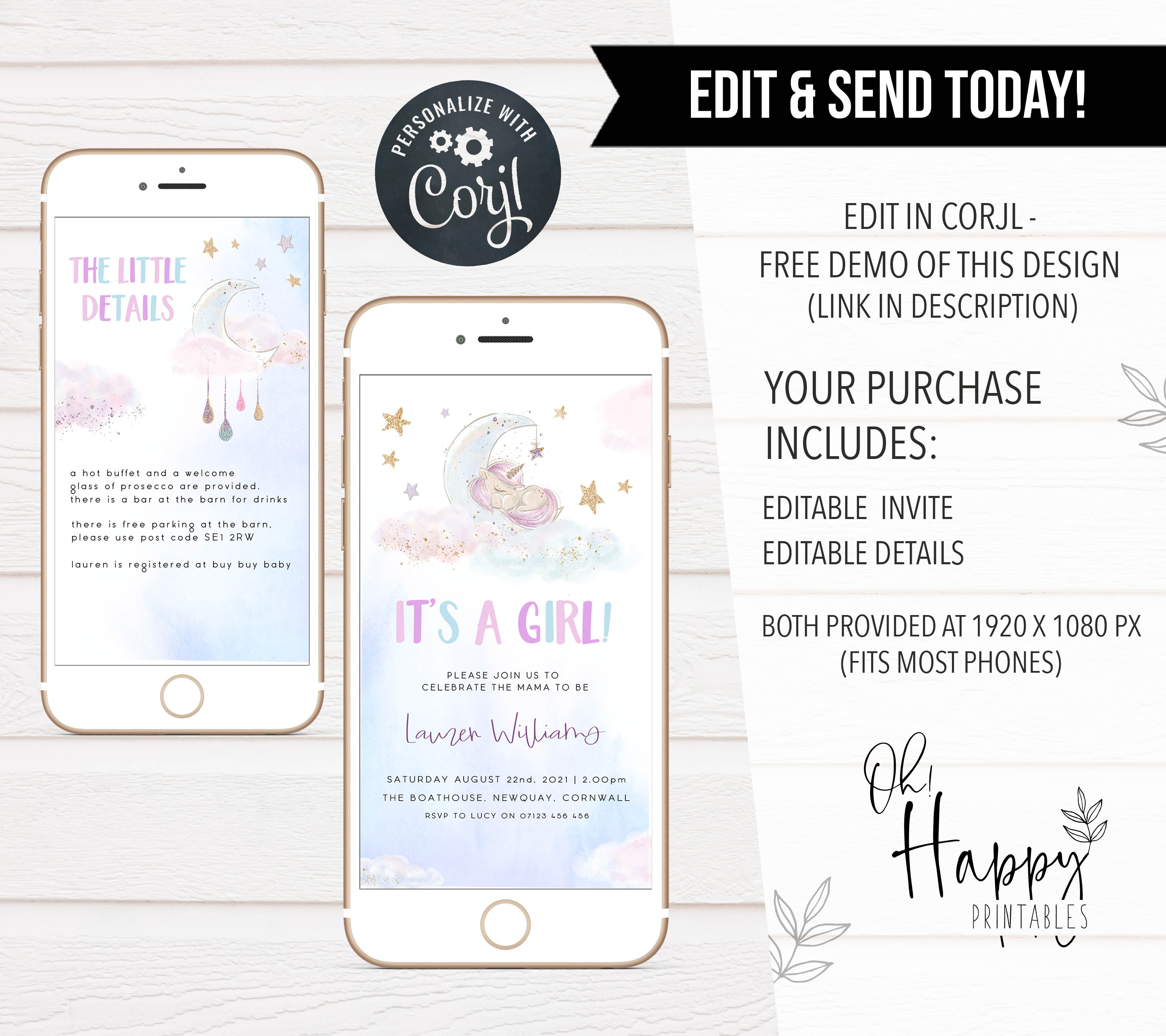 editable mobile unicorn baby shower invitation, unicorn baby shower invitations, its a girl baby shower invitation