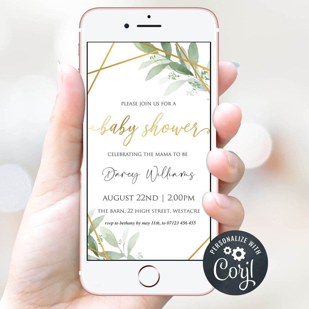 gold geometric baby shower invitations, editable baby shower invites, mobile baby shower invites, gold baby shower theme