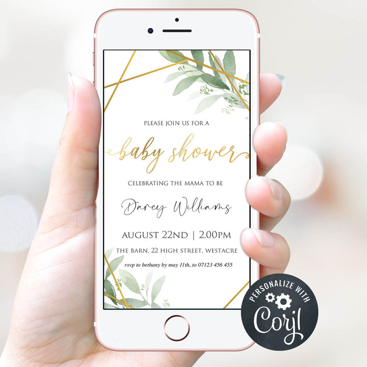 gold geometric baby shower invitations, editable baby shower invites, mobile baby shower invites, gold baby shower theme