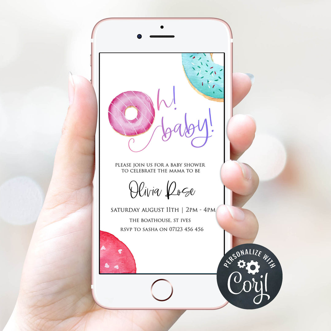 oh baby donut invitation, editable donut baby shower invitations, printable baby shower invitations, donut baby shower theme, donut sprinkles baby shower, baby shower invitations, mobile invitations