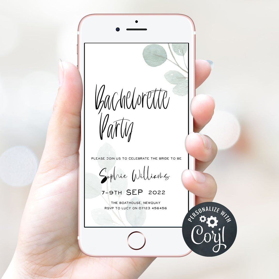 editable bridal shower invitations, printable bridal shower invitations, eucalyptus bridal shower, bachelorette invitations, hen party invites