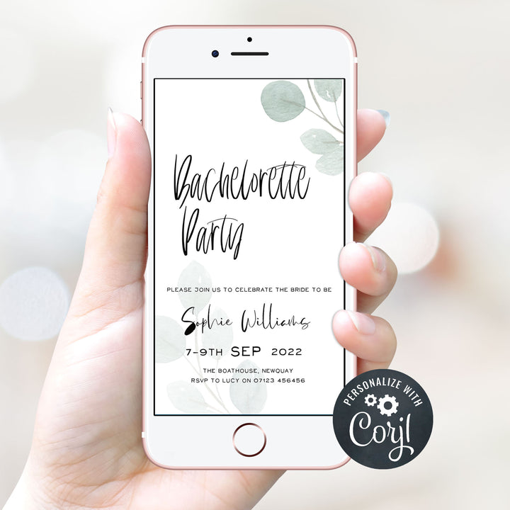 editable bridal shower invitations, printable bridal shower invitations, eucalyptus bridal shower, bachelorette invitations, hen party invites