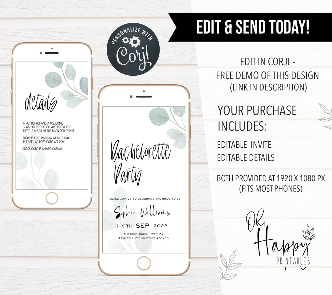 editable bridal shower invitations, printable bridal shower invitations, eucalyptus bridal shower, bachelorette invitations, hen party invites