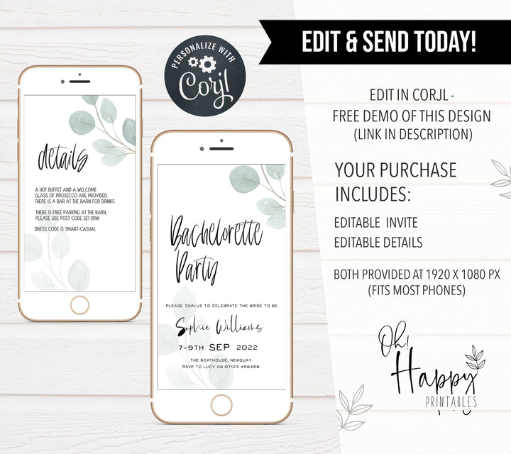 editable bridal shower invitations, printable bridal shower invitations, eucalyptus bridal shower, bachelorette invitations, hen party invites