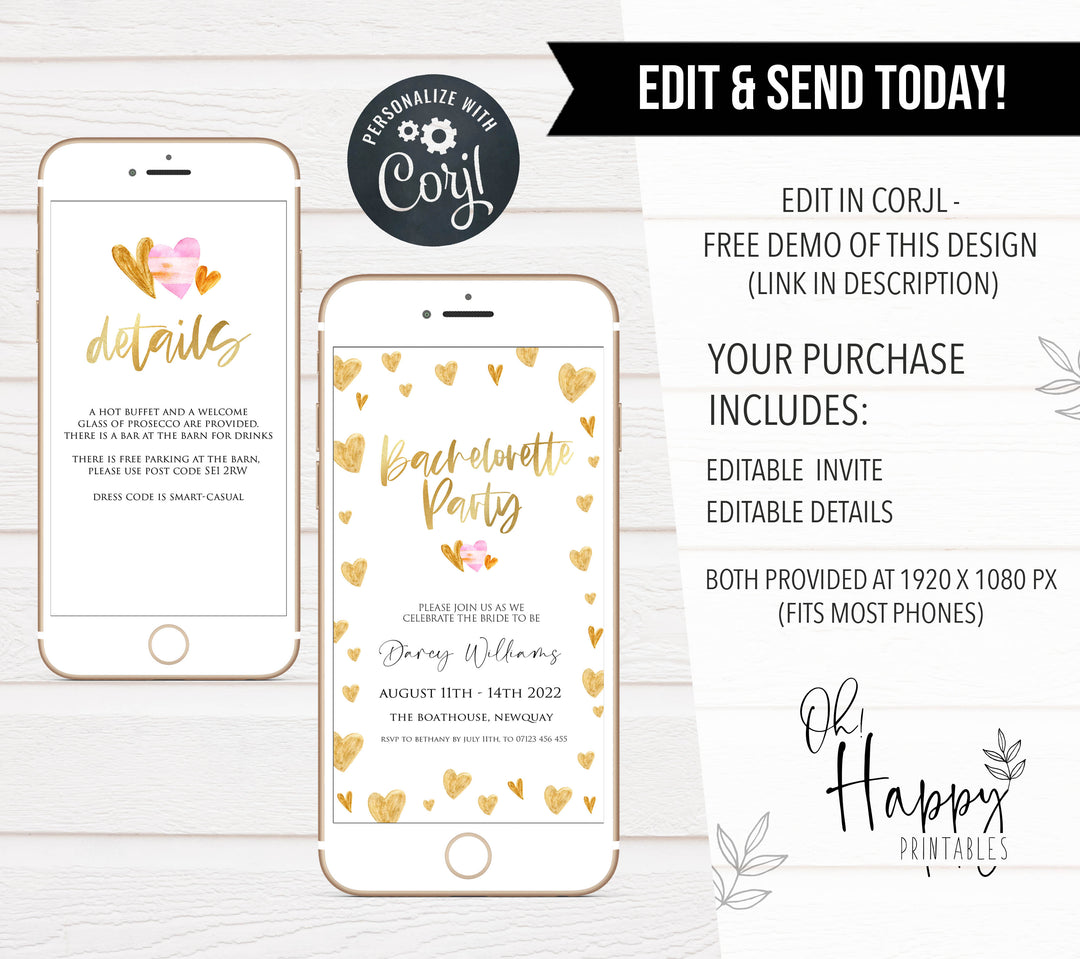 gold hearts bridal shower invitations, printable bridal shower invites, editable bridal shower invitations, bachelorette party invites, hen party invitations