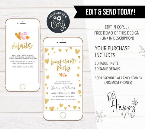 gold hearts bridal shower invitations, printable bridal shower invites, editable bridal shower invitations, bachelorette party invites, hen party invitations