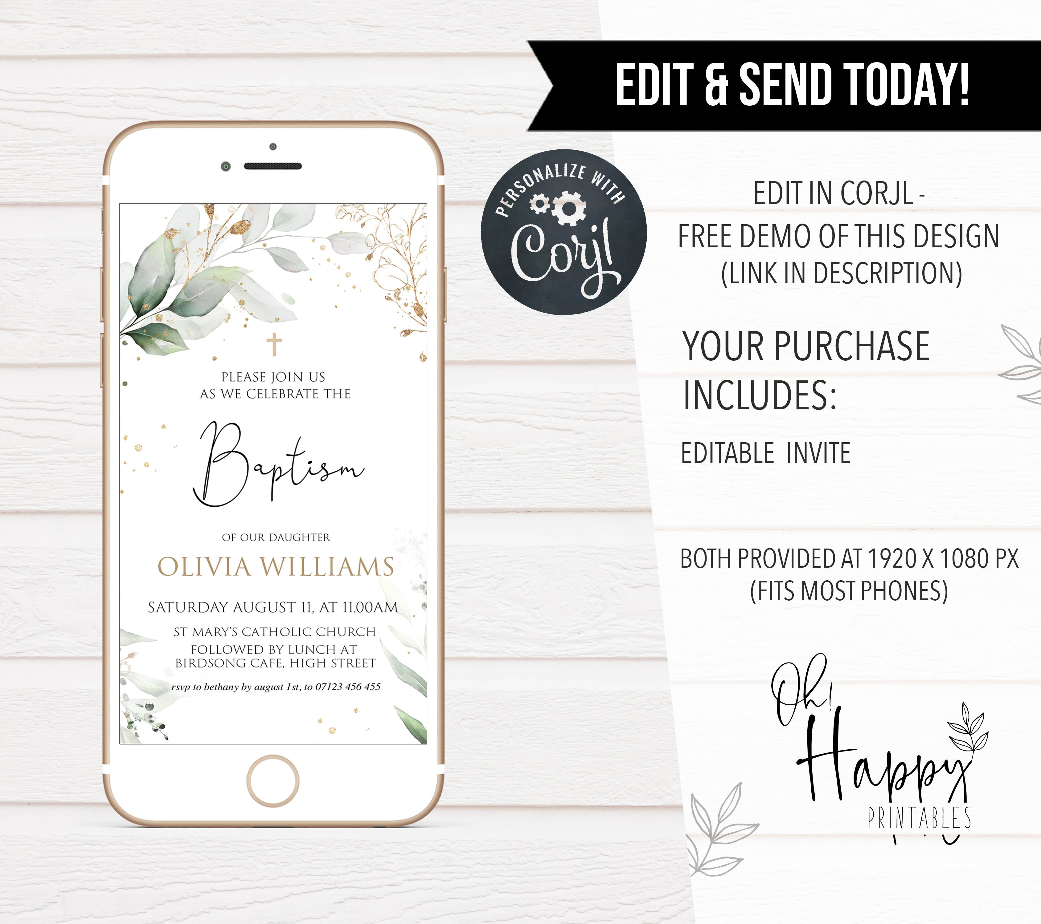 editable baptism invitation, printable baptism invitation, floral baptism invitation, christening invitation, phone invitation, mobile invite