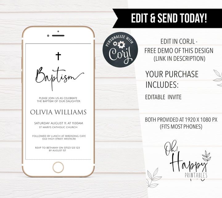 editable baptism invitation, simple baptism invitation, baptism editable evite, baptism invitation