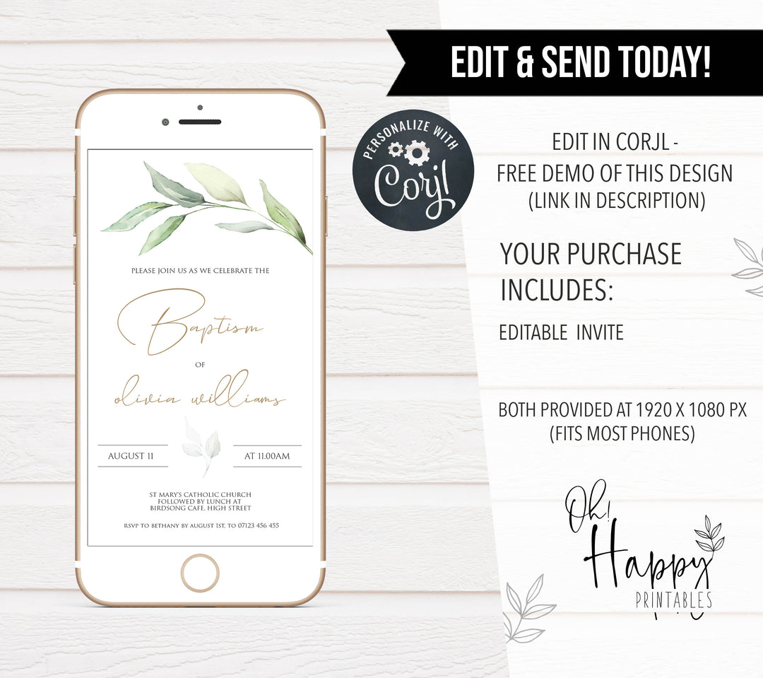 editable baptism invitation, editable baptism evite, mobile baptism invitation, cell phone invitation