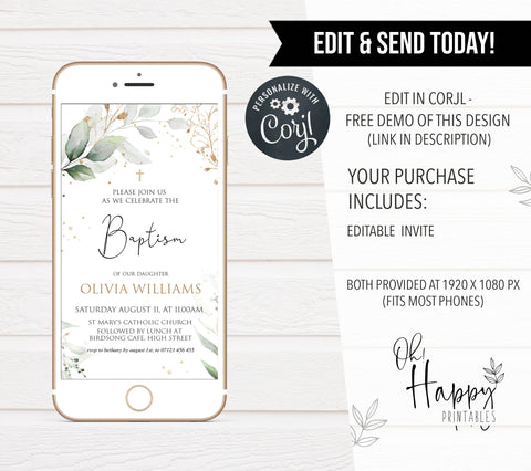 editable baptism invitation, printable baptism invitation, floral baptism invitation, christening invitation, phone invitation, mobile invite