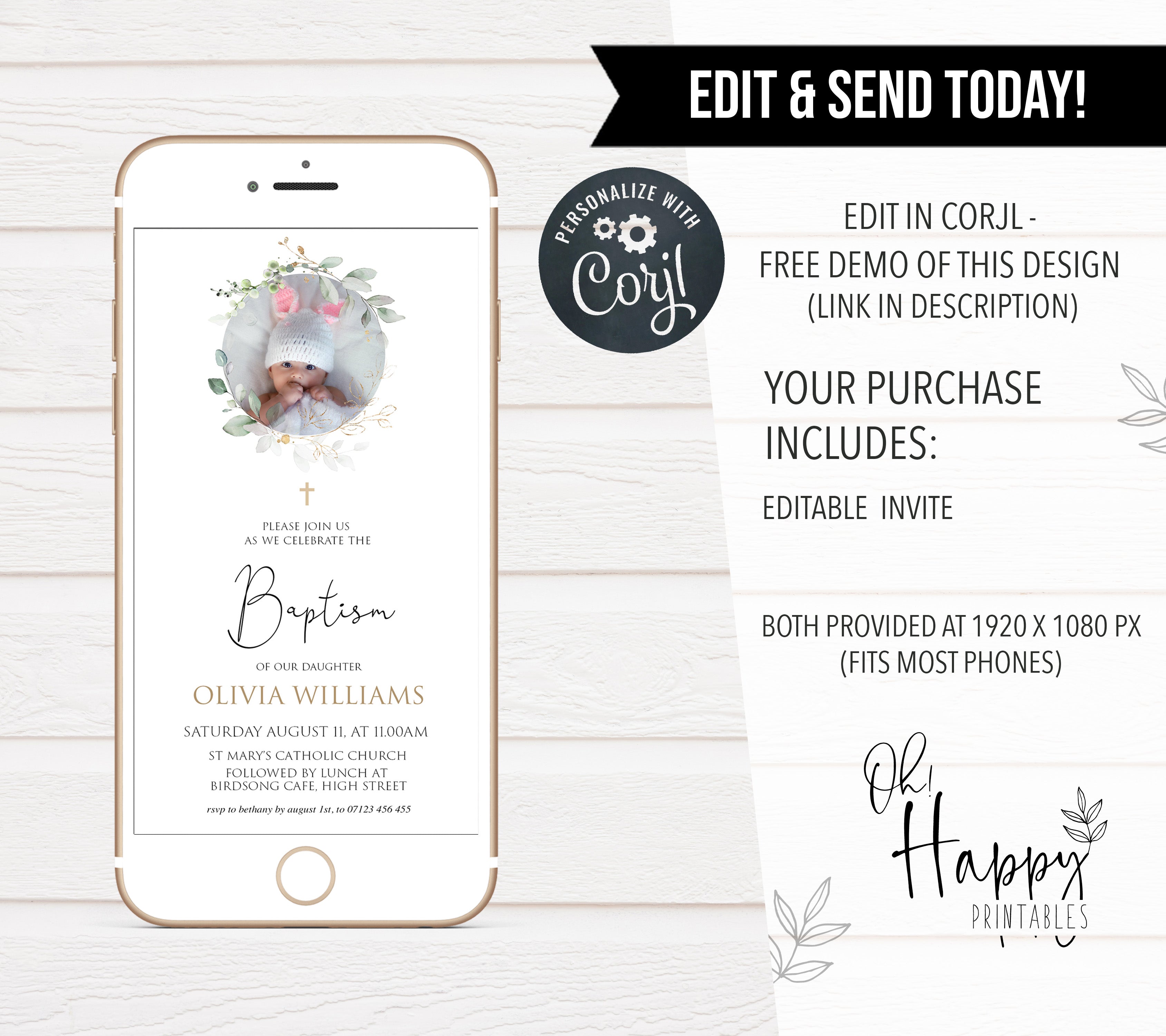 editable photo baptism invitation, editable baptism invitation, editable baptism evite, mobile baptism invitation
