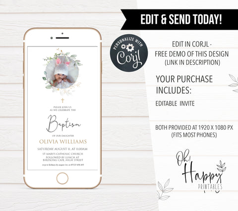editable photo baptism invitation, editable baptism invitation, editable baptism evite, mobile baptism invitation