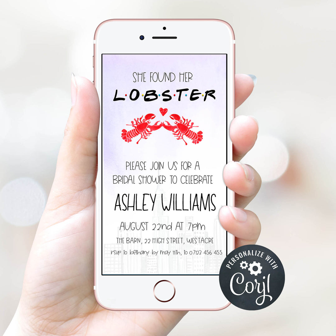 editable friends bridal shower invitations, found her lobster bridal shower invitation, editable mobile invitation, editable bridal invites, friends bridal shower theme